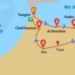 Map of Mediterranean Tour Morocco starting in Tangier and covering Al Hoceima, Nador, Saidia, Taza, Fes, and Chefchaouen
