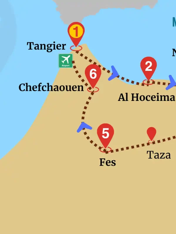 Map of Mediterranean Tour Morocco starting in Tangier and covering Al Hoceima, Nador, Saidia, Taza, Fes, and Chefchaouen