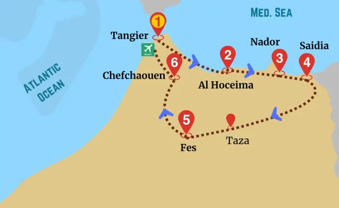 Map of Mediterranean Tour Morocco starting in Tangier and covering Al Hoceima, Nador, Saidia, Taza, Fes, and Chefchaouen