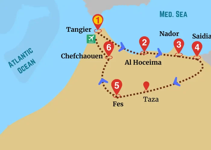 Map of Mediterranean Tour Morocco starting in Tangier and covering Al Hoceima, Nador, Saidia, Taza, Fes, and Chefchaouen