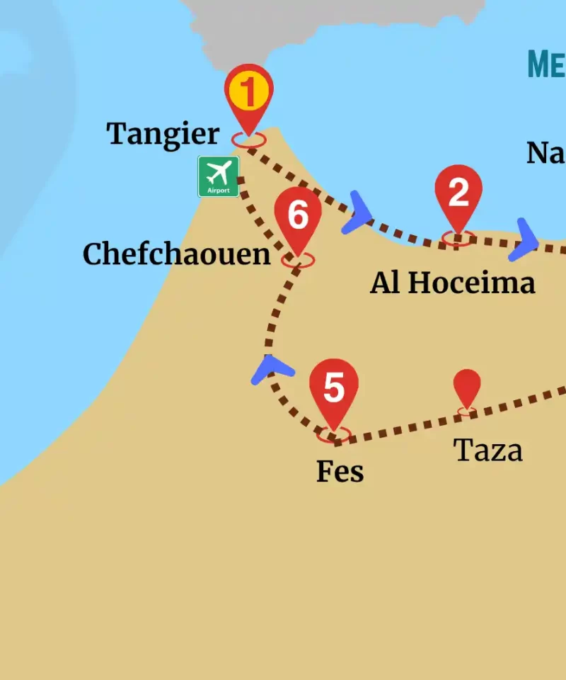 Map of Mediterranean Tour Morocco starting in Tangier and covering Al Hoceima, Nador, Saidia, Taza, Fes, and Chefchaouen