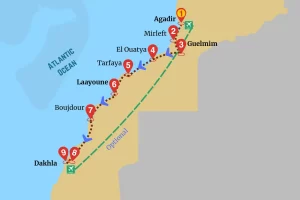 Map of the Dakhla Atlantic Adventure tour from Agadir to Dakhla along Morocco’s southern coast