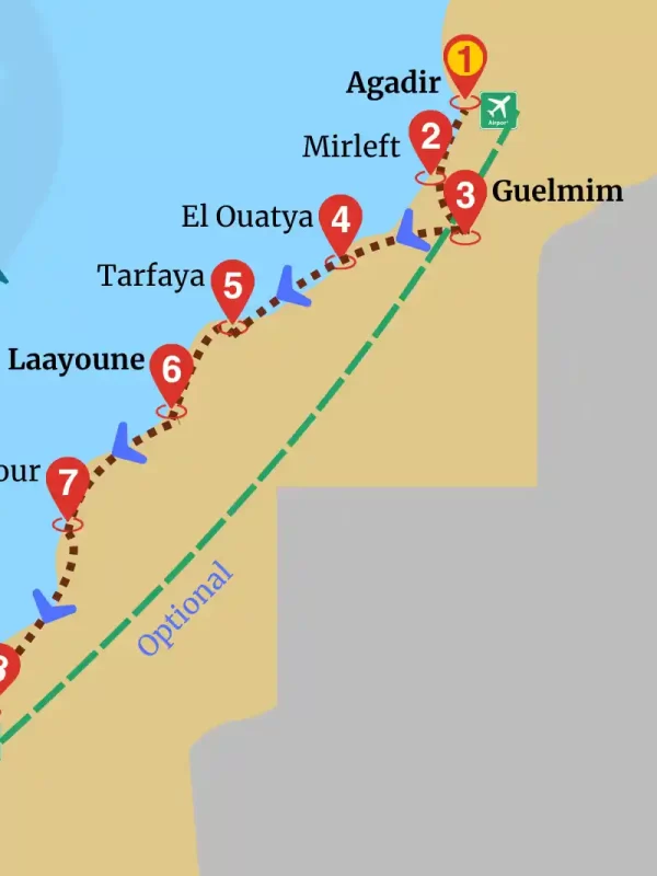 Map of the Dakhla Atlantic Adventure tour from Agadir to Dakhla along Morocco’s southern coast