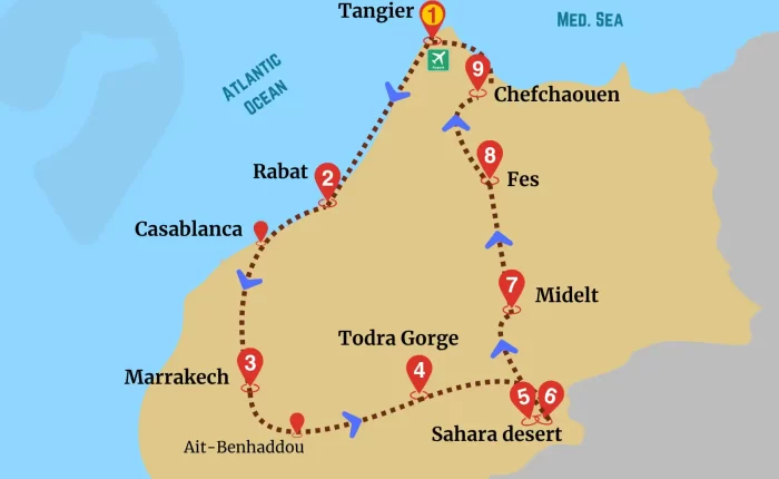 The itineray map of Tangier Desert Tour Package