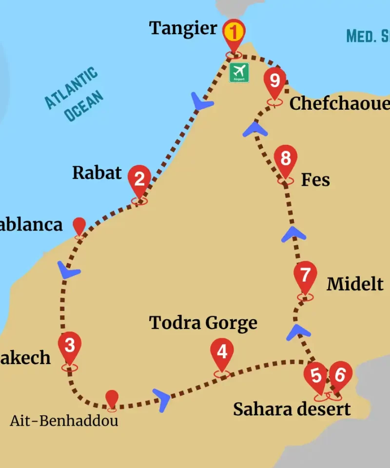 The itineray map of Tangier Desert Tour Package