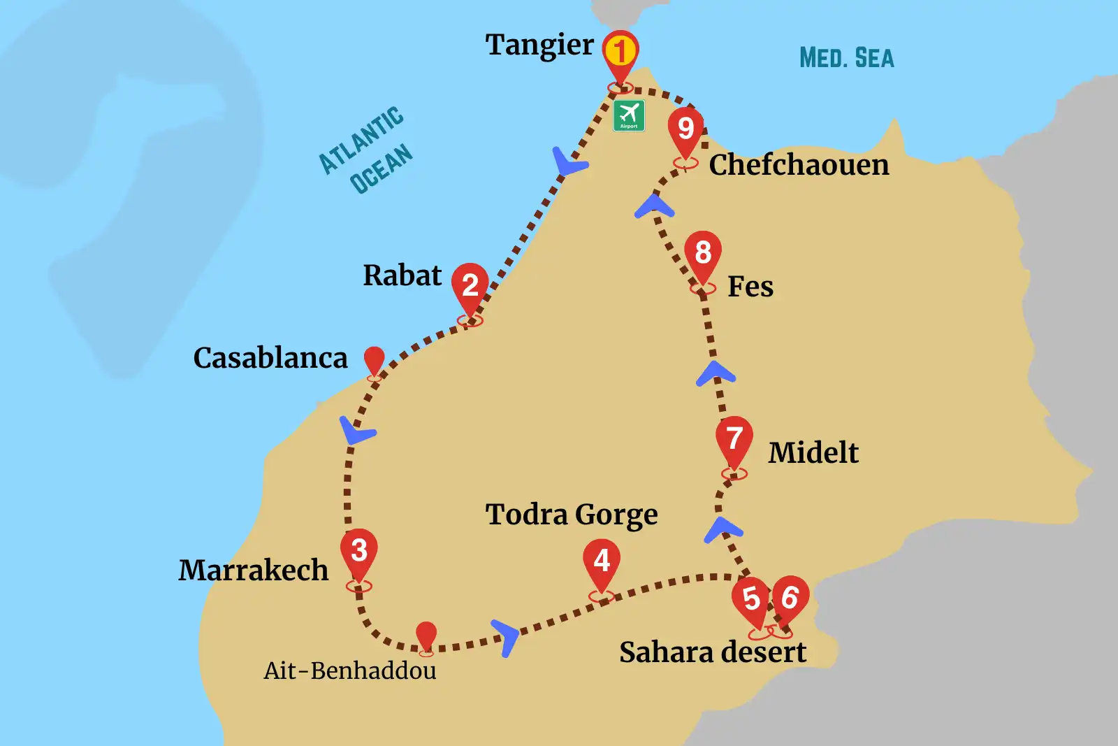 The itineray map of Tangier Desert Tour Package