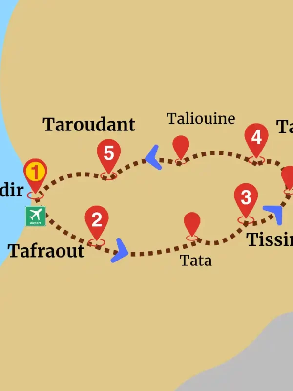 Map of Canyonland Oasis Expedition route starting in Agadir