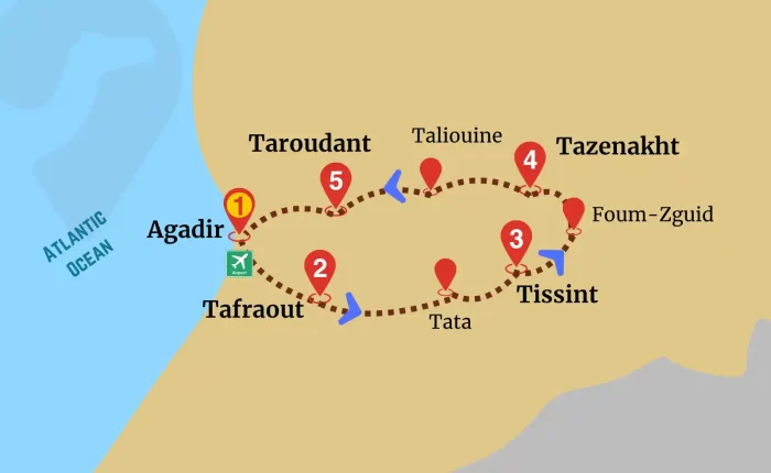 Map of Canyonland Oasis Expedition route starting in Agadir