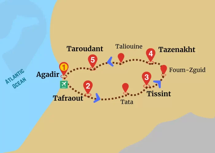Map of Canyonland Oasis Expedition route starting in Agadir