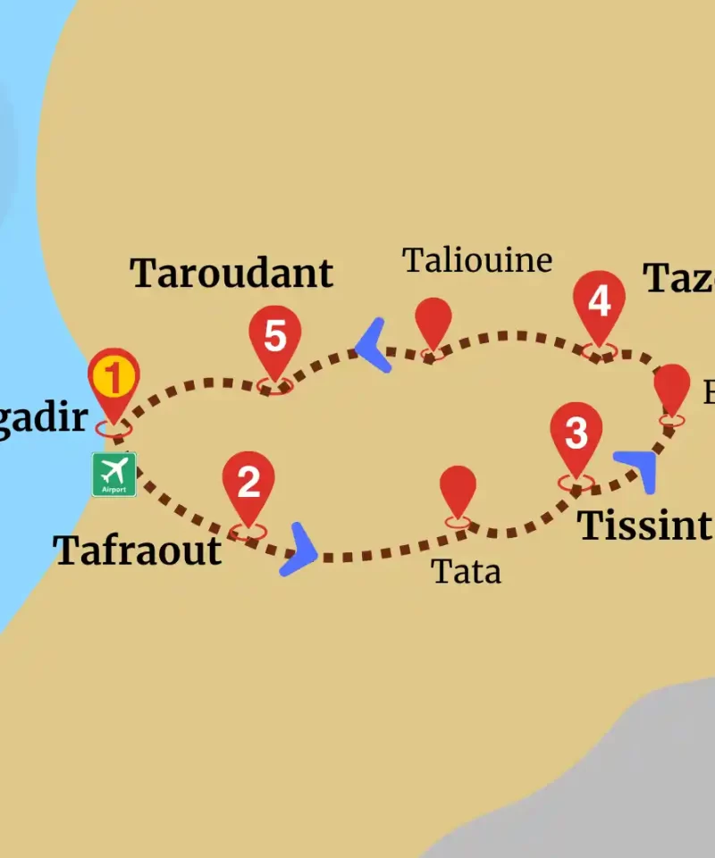 Map of Canyonland Oasis Expedition route starting in Agadir