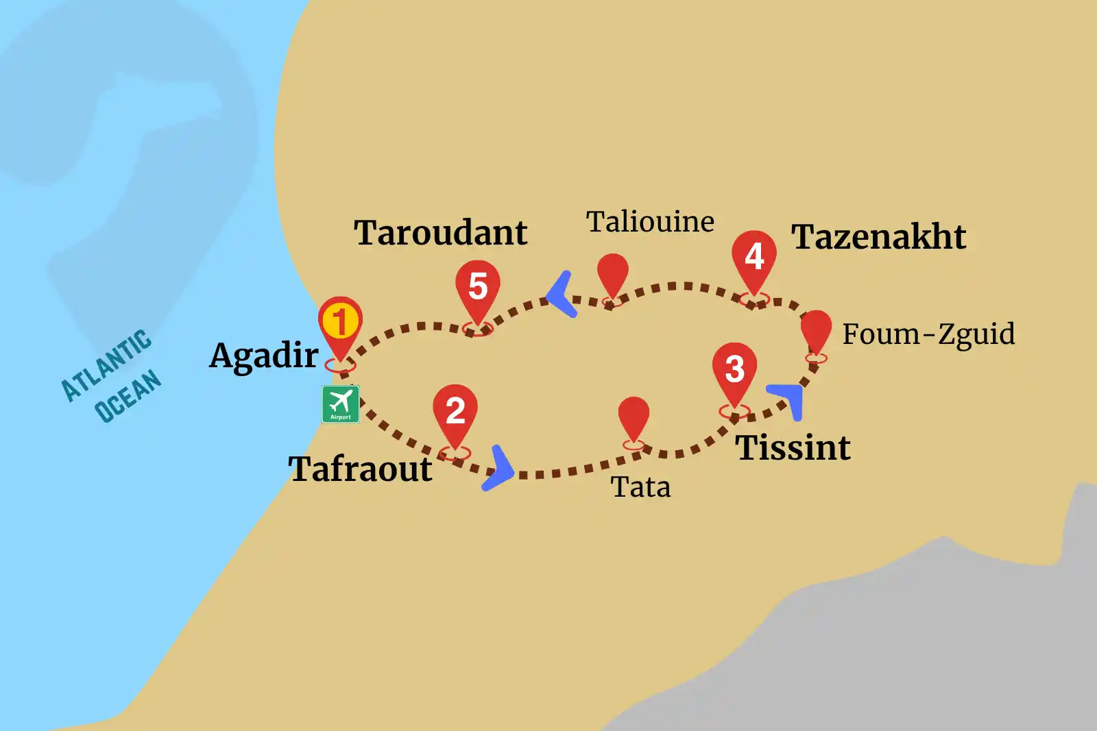 Map of Canyonland Oasis Expedition route starting in Agadir
