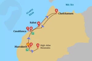 Map of the Marrakech to Chefchaouen tour showing the route through the High Atlas, Casablanca, Rabat, and the north of Morocco