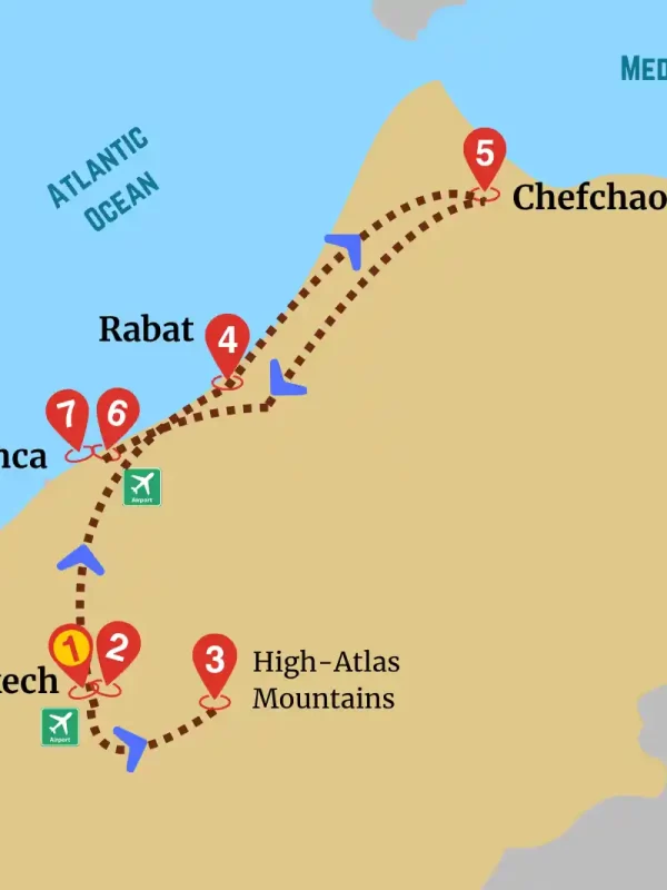 Map of the Marrakech to Chefchaouen tour showing the route through the High Atlas, Casablanca, Rabat, and the north of Morocco