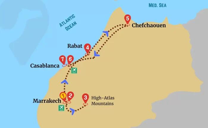 Map of the Marrakech to Chefchaouen tour showing the route through the High Atlas, Casablanca, Rabat, and the north of Morocco
