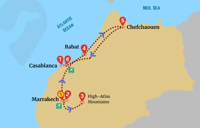 Map of the Marrakech to Chefchaouen tour showing the route through the High Atlas, Casablanca, Rabat, and the north of Morocco