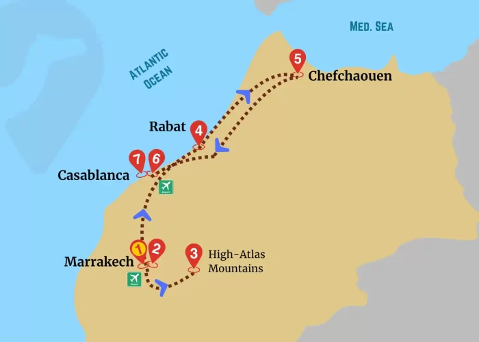 Map of the Marrakech to Chefchaouen tour showing the route through the High Atlas, Casablanca, Rabat, and the north of Morocco