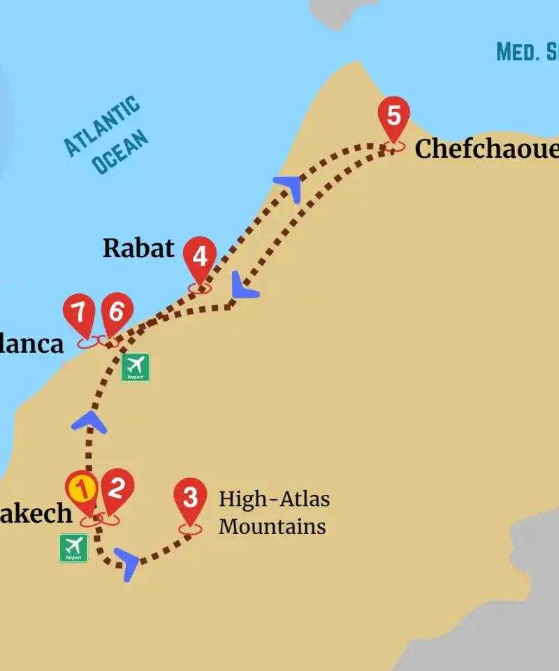 Map of the Marrakech to Chefchaouen tour showing the route through the High Atlas, Casablanca, Rabat, and the north of Morocco