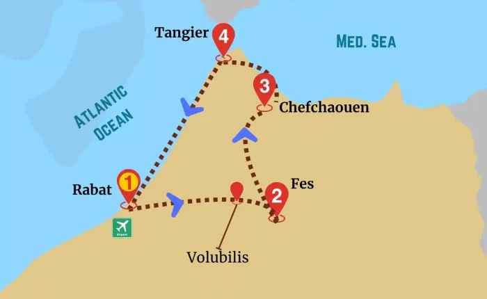 Map of Rabat to Northern Gems Tour showing route from Rabat to Chefchaouen via Fes and Volubilis.