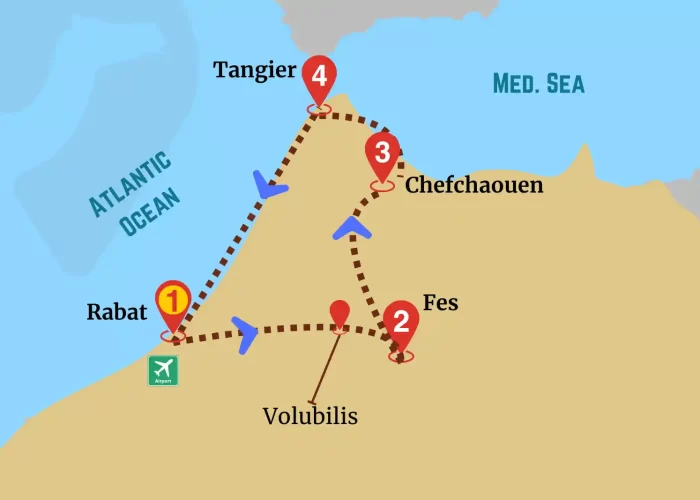 Map of Rabat to Northern Gems Tour showing route from Rabat to Chefchaouen via Fes and Volubilis.