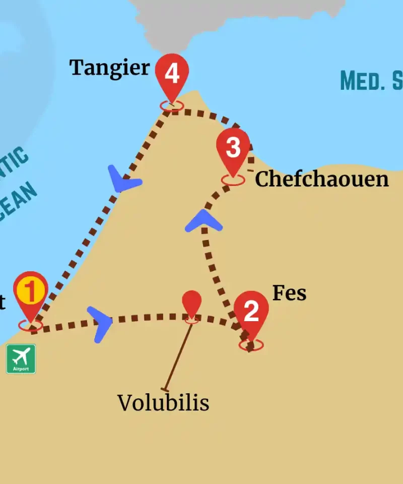 Map of Rabat to Northern Gems Tour showing route from Rabat to Chefchaouen via Fes and Volubilis.
