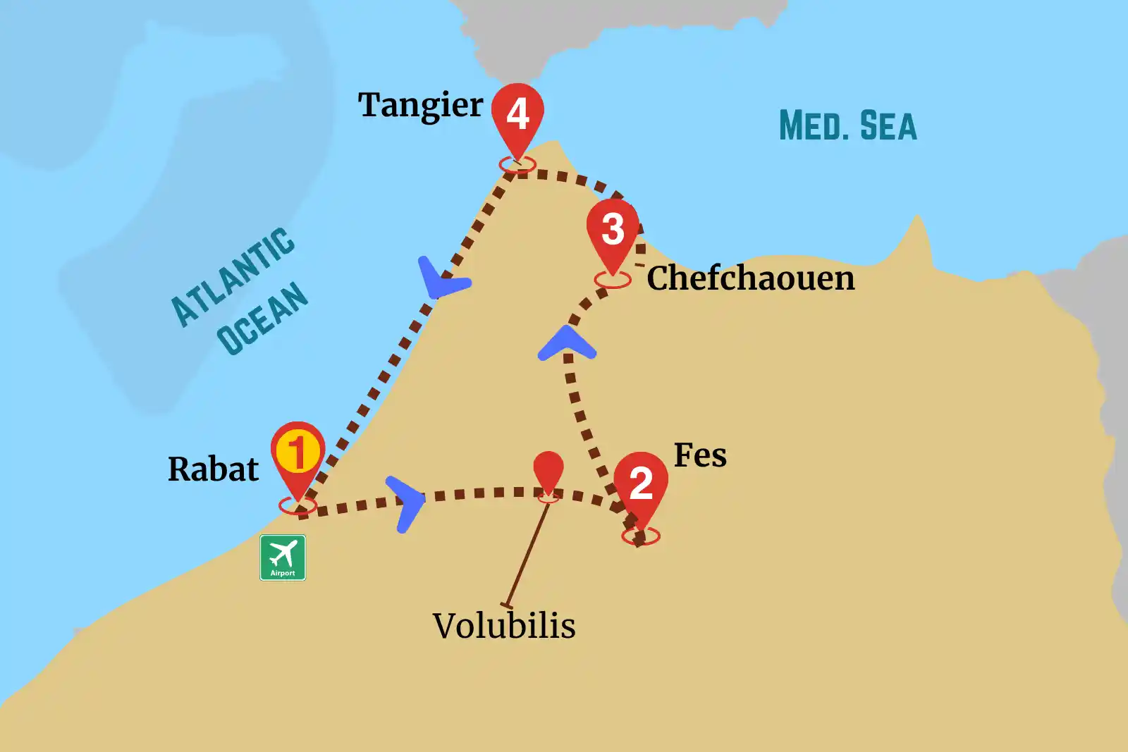 Map of Rabat to Northern Gems Tour showing route from Rabat to Chefchaouen via Fes and Volubilis.