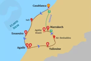 Map of Atlantic Coastline Tour showcasing a scenic route from Casablanca to Marrakech via Essaouira, Agadir, Taliouine, Ait-Benhaddou, and Agafay Desert.