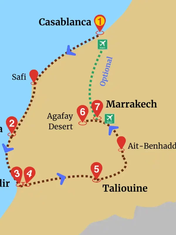 Map of Atlantic Coastline Tour showcasing a scenic route from Casablanca to Marrakech via Essaouira, Agadir, Taliouine, Ait-Benhaddou, and Agafay Desert.
