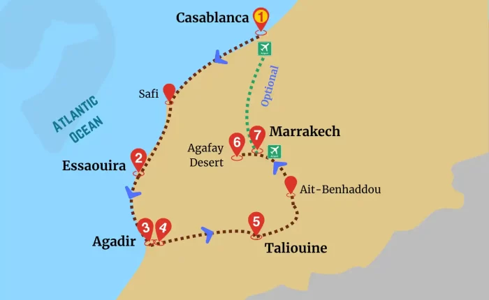 Map of Atlantic Coastline Tour showcasing a scenic route from Casablanca to Marrakech via Essaouira, Agadir, Taliouine, Ait-Benhaddou, and Agafay Desert.