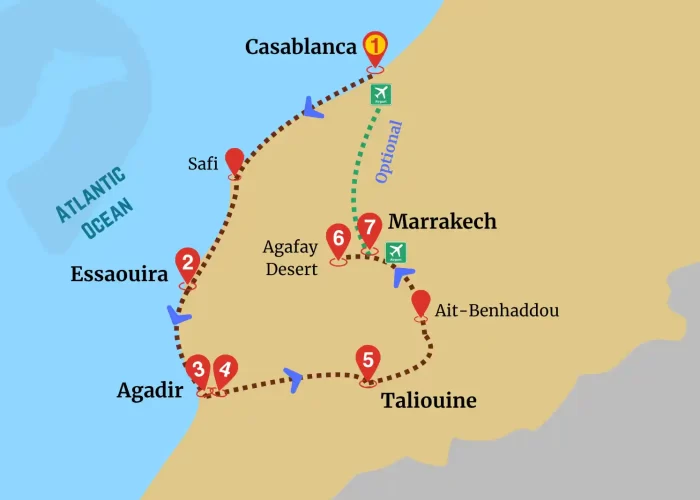 Map of Atlantic Coastline Tour showcasing a scenic route from Casablanca to Marrakech via Essaouira, Agadir, Taliouine, Ait-Benhaddou, and Agafay Desert.