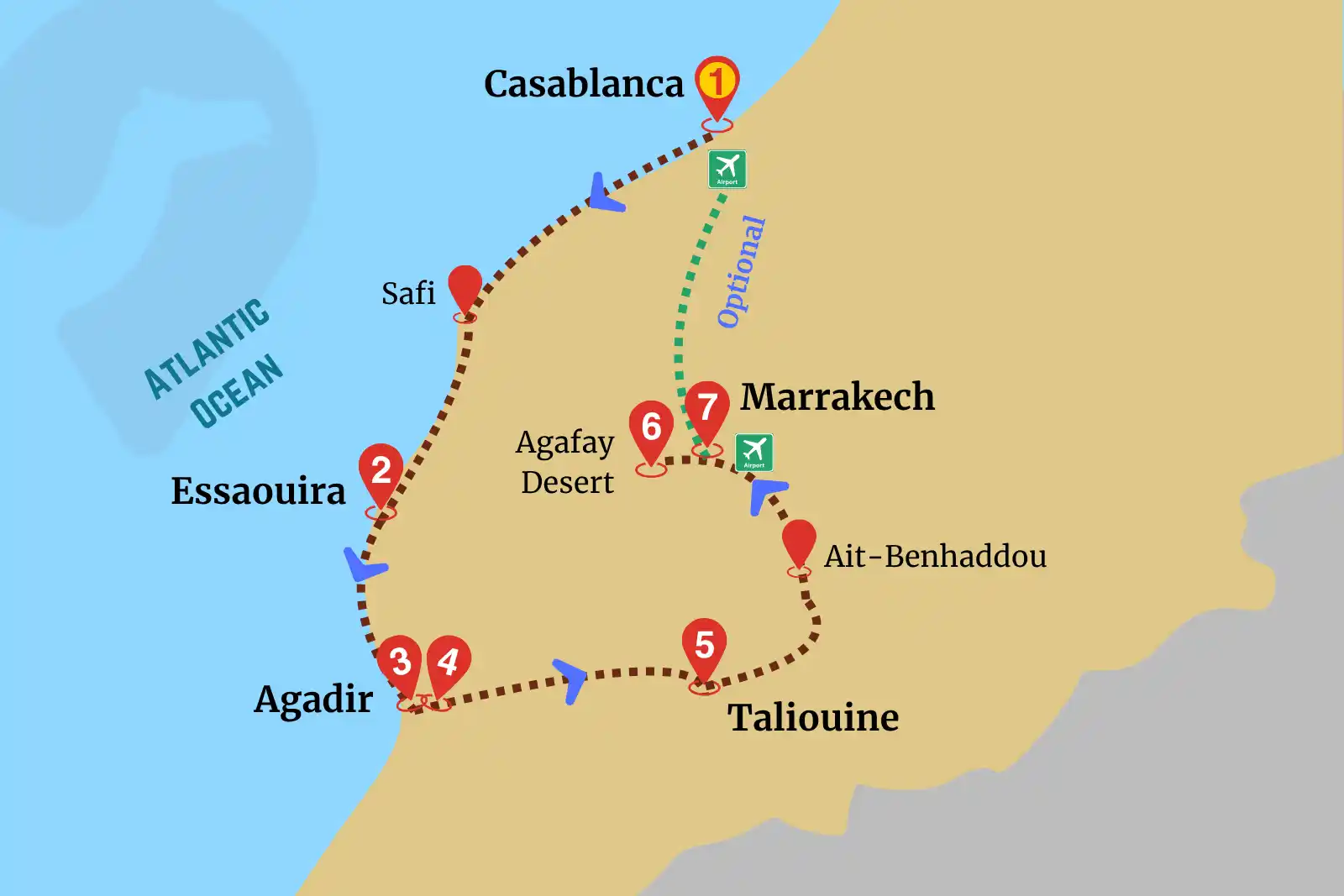 Map of Atlantic Coastline Tour showcasing a scenic route from Casablanca to Marrakech via Essaouira, Agadir, Taliouine, Ait-Benhaddou, and Agafay Desert.