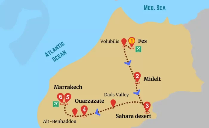 Fes Marrakech guided trip map showing route through Midelt, Sahara desert, and Ouarzazate