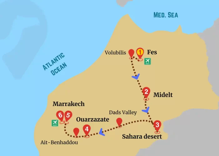 Fes Marrakech guided trip map showing route through Midelt, Sahara desert, and Ouarzazate