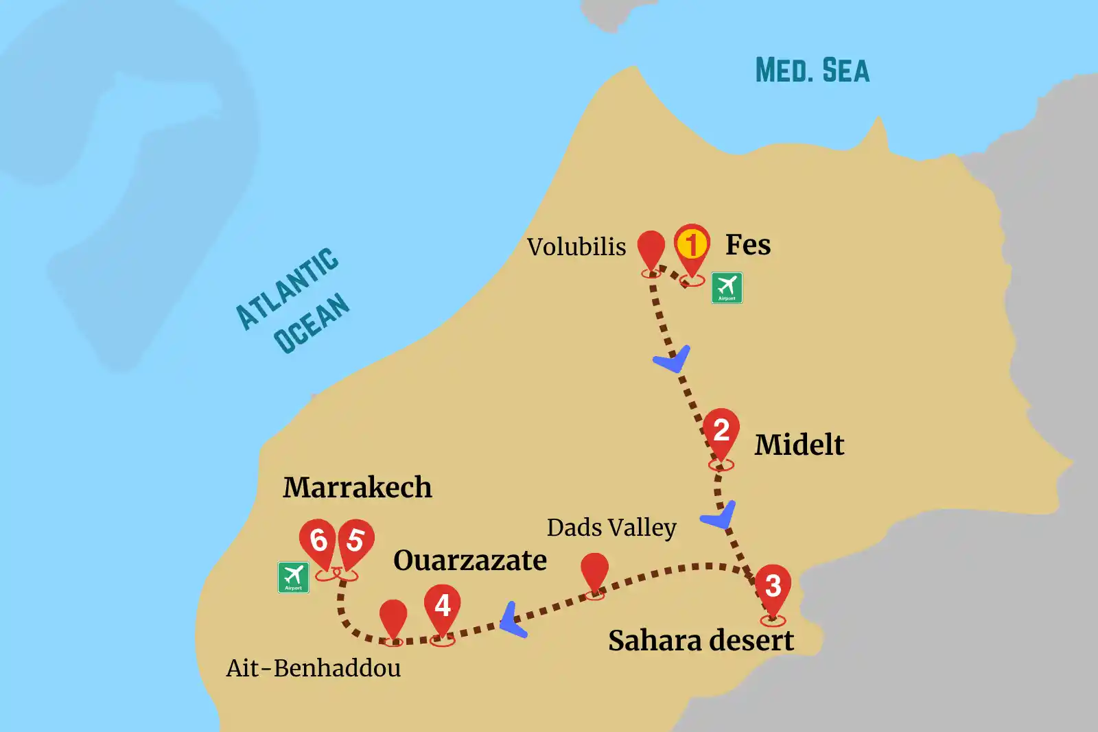 Fes Marrakech guided trip map showing route through Midelt, Sahara desert, and Ouarzazate