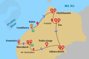 Map of the Grand Morocco Trip showing a circular route from Casablanca through Chefchaouen, Fes, Sahara Desert, Todra Gorge, Marrakech, and Essaouira.