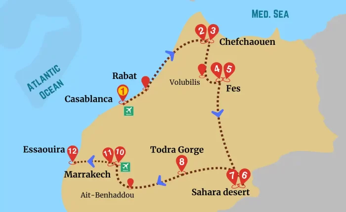 Map of the Grand Morocco Trip showing a circular route from Casablanca through Chefchaouen, Fes, Sahara Desert, Todra Gorge, Marrakech, and Essaouira.