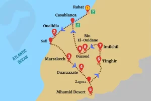 Grand Rabat itinerary map featuring route through Oualidia, Marrakech, Ouarzazate, Mhamid Desert, and Imilchil