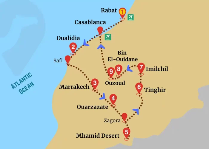 Grand Rabat itinerary map featuring route through Oualidia, Marrakech, Ouarzazate, Mhamid Desert, and Imilchil