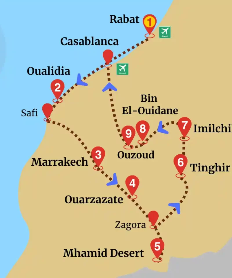 Grand Rabat itinerary map featuring route through Oualidia, Marrakech, Ouarzazate, Mhamid Desert, and Imilchil
