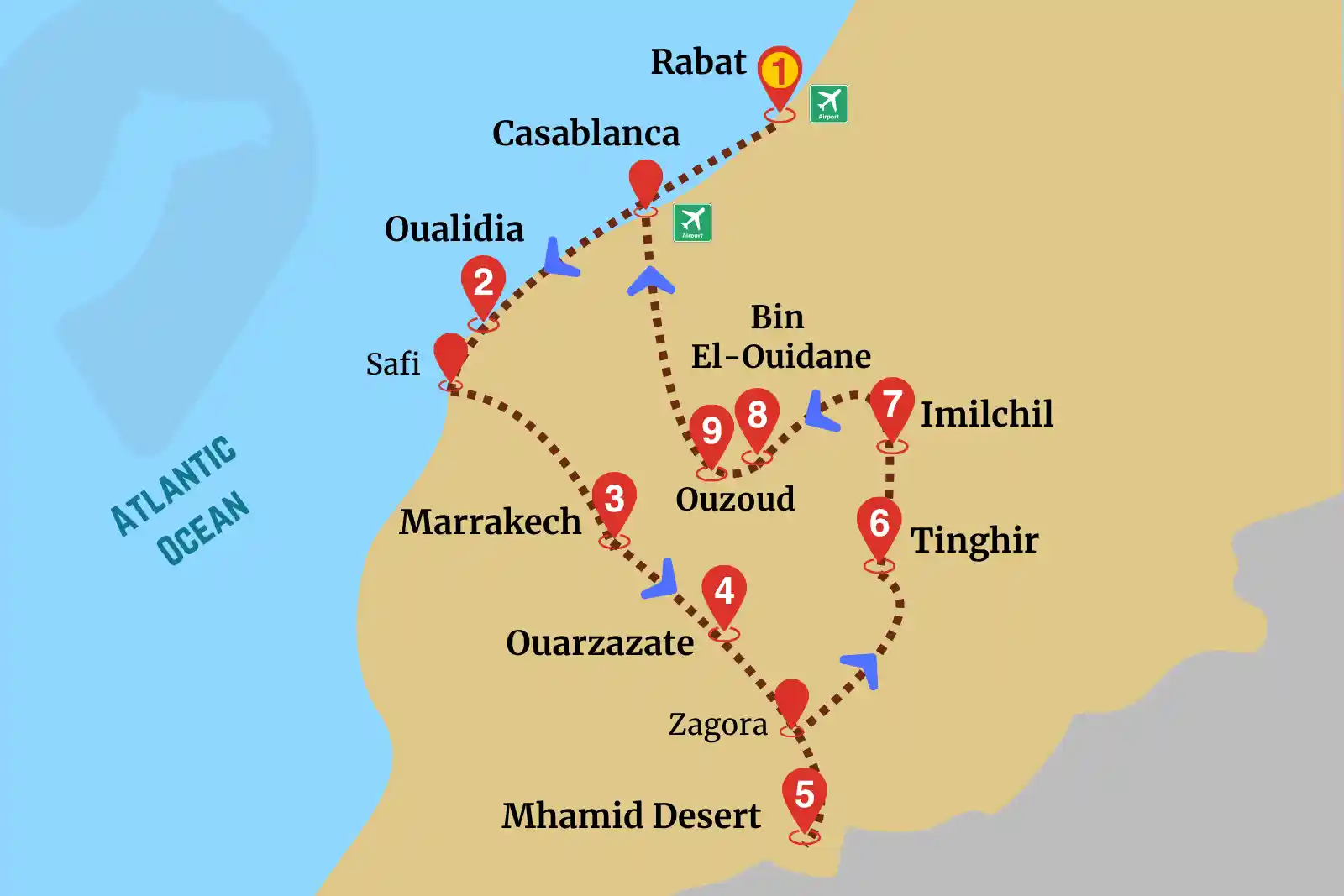 Grand Rabat itinerary map featuring route through Oualidia, Marrakech, Ouarzazate, Mhamid Desert, and Imilchil