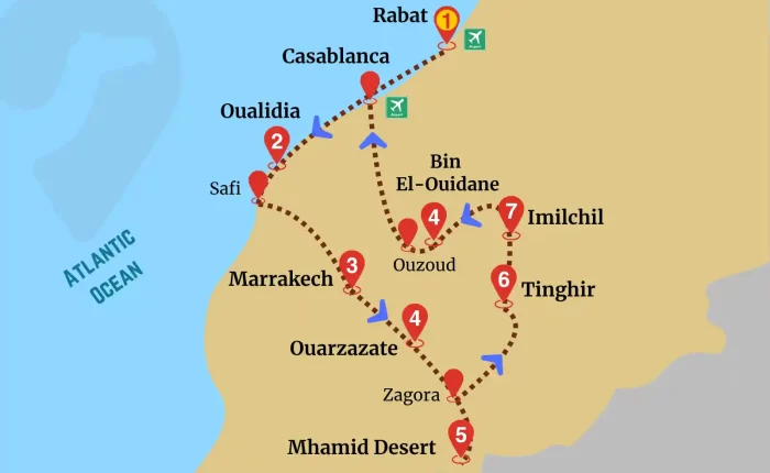 Grand Rabat itinerary map featuring route through Oualidia, Marrakech, Ouarzazate, Mhamid Desert, and Imilchil