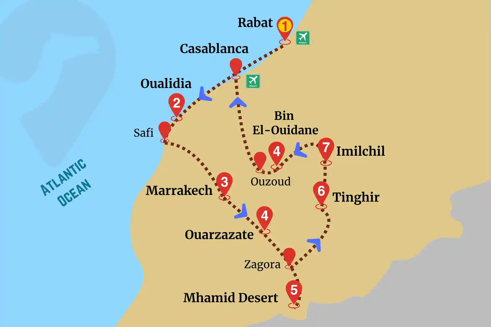Grand Rabat itinerary map featuring route through Oualidia, Marrakech, Ouarzazate, Mhamid Desert, and Imilchil