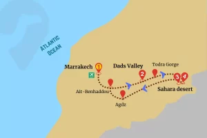 Marrakech Desert Adventure map with route to Sahara via Dads valleys and Todra gorges.