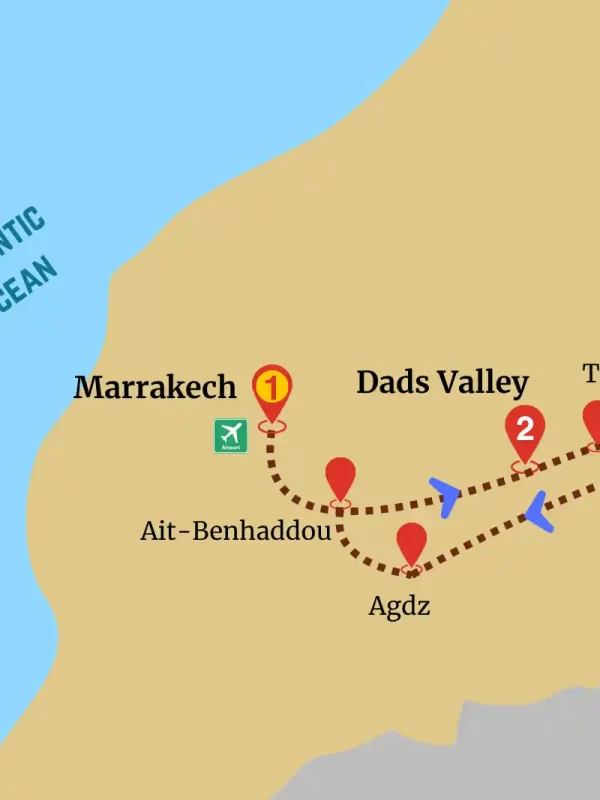 Marrakech Desert Adventure map with route to Sahara via Dads valleys and Todra gorges.