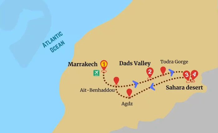Marrakech Desert Adventure map with route to Sahara via Dads valleys and Todra gorges.
