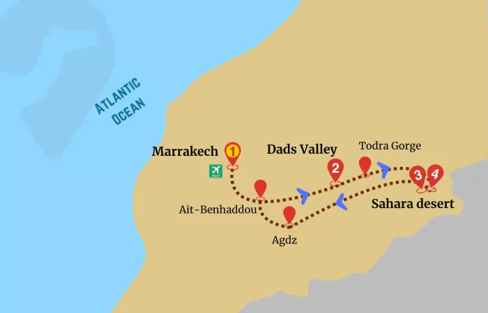 Marrakech Desert Adventure map with route to Sahara via Dads valleys and Todra gorges.