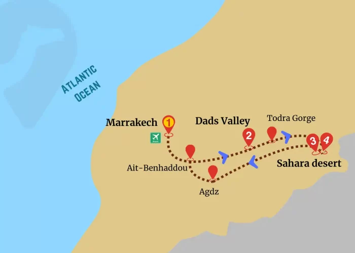 Marrakech Desert Adventure map with route to Sahara via Dads valleys and Todra gorges.