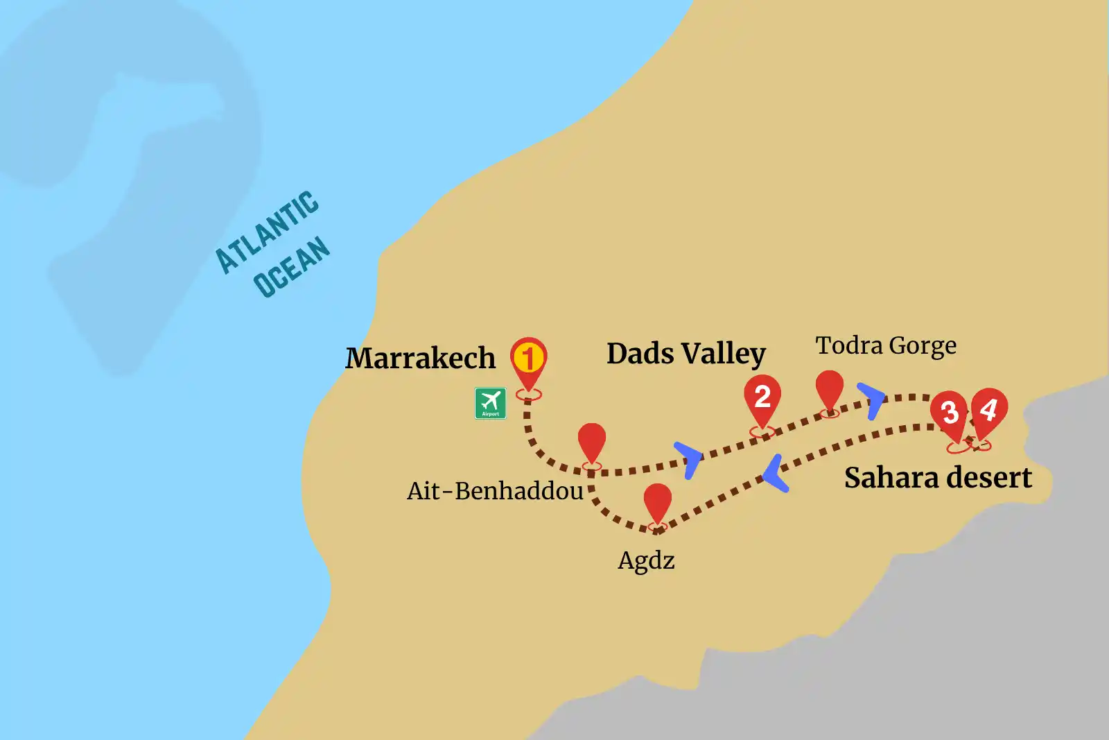 Marrakech Desert Adventure map with route to Sahara via Dads valleys and Todra gorges.