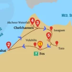 Fez Chefchaouen adventure route map featuring Fes, Volubilis, Rabat, Chefchaouen, Akchour Waterfall, Issaguen, and Taza.
