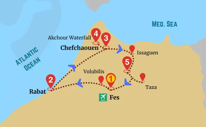 Fez Chefchaouen adventure route map featuring Fes, Volubilis, Rabat, Chefchaouen, Akchour Waterfall, Issaguen, and Taza.