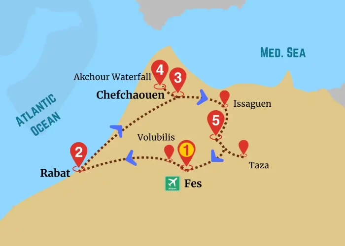 Fez Chefchaouen adventure route map featuring Fes, Volubilis, Rabat, Chefchaouen, Akchour Waterfall, Issaguen, and Taza.